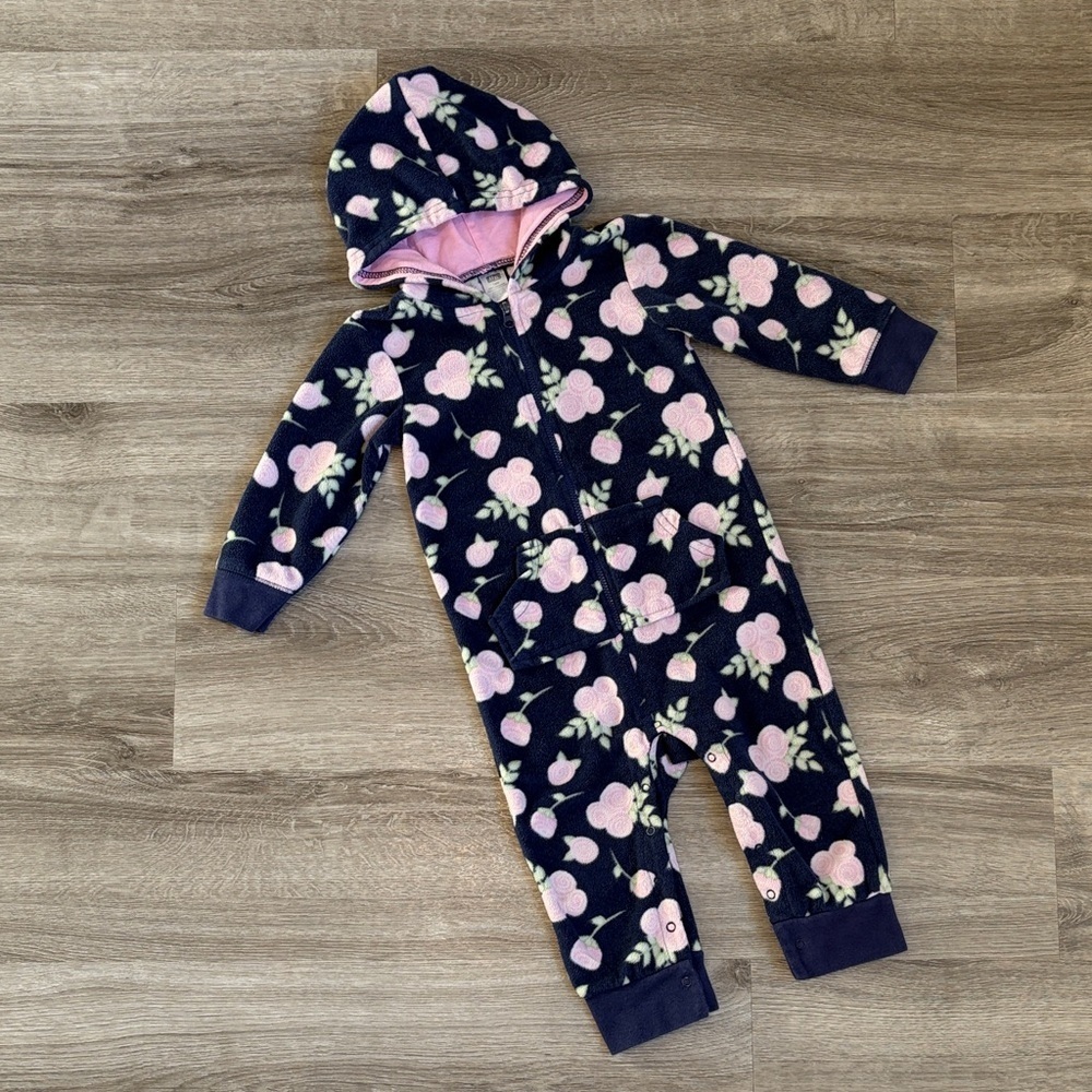 Hudson Baby baby girls rose print zip up fleece jumpsuit with hood